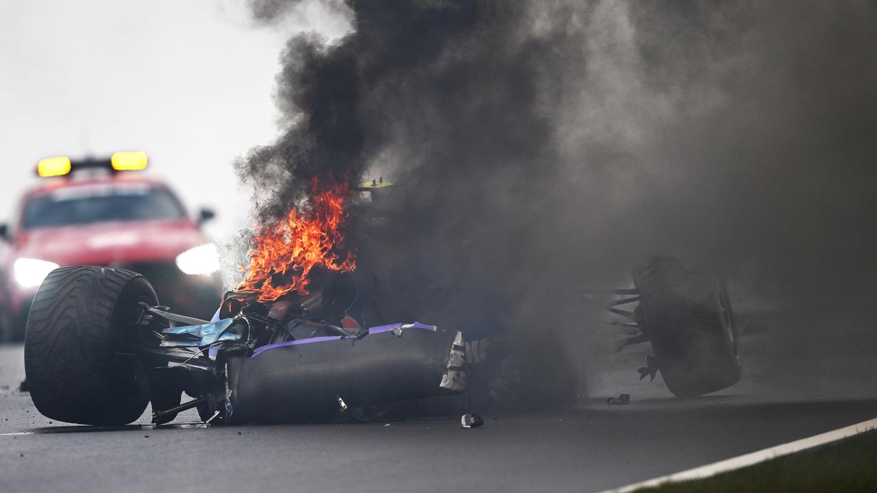 The car of Logan Sargeant of United States and Williams is seen on fire after crashing. Picture: Rudy Carezzevoli/Getty Images