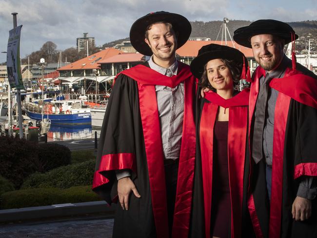 UTAS Graduation at the Hotel Grand Chancellor Hobart, Dr Lucas Hyland of Hobart, Dr Katie Vandorou of Greece and Dr Jonathan Rogers of Hobart. Picture: Chris Kidd