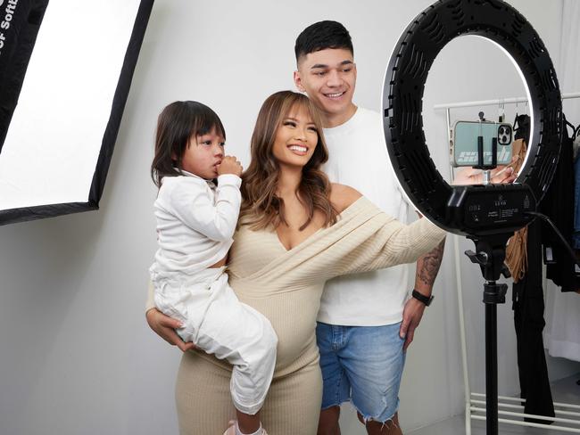 Influencer Sarah Magusara with her partner Pieta Warbrick and daughter Zamira,2. Picture: Glenn Hunt / The Australian