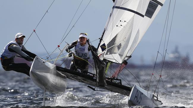 Jason Waterhouse of Australia and Lisa Darmanin of Australia compete in the Nacra 17 Mixed class.