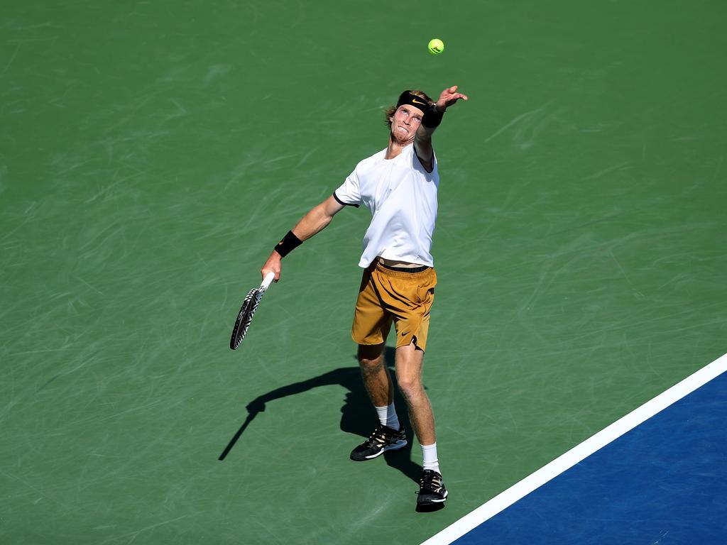 Andrey Rublev serves to Roger Federer. Picture: Rob Carr/Getty Images/AFP