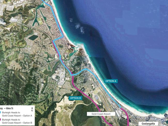 The light rail path through Burleigh and Palm Beach as originally proposed in the GCC consultation. Picture: Supplied