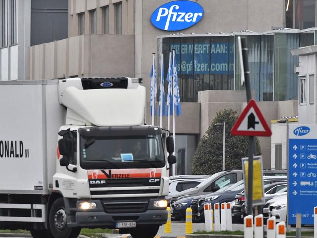 A temperature controlled cold storage haulage truck leaves the Pfizer Inc. facility in Puurs, Belgium, last month. Picture: Geert Vanden Wijngaert/Bloomberg via Getty Images