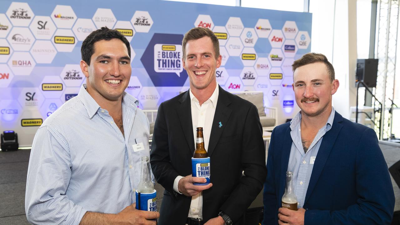 At It's a Bloke Thing 2022 are (from left) Yoni Meron, Harry Wagner and John Dowie at Wellcamp Airport, Friday, September 9, 2022. Picture: Kevin Farmer