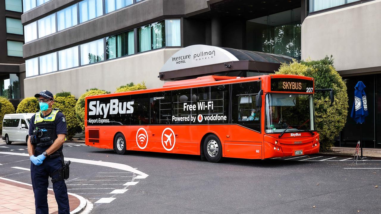 A SkyBus arrives at The Pullman Hotel in Albert Park. Picture: NCA NewsWire / Ian Currie