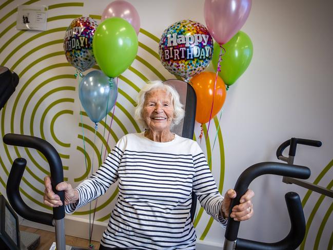 Adealdie's oldest woman Catherina Van Der Linden is turining 109 next Thursday August 26th, 2021, pictured on August 20th, 2021, working out at Health Studio, in Glenelg.Picture: Tom Huntley