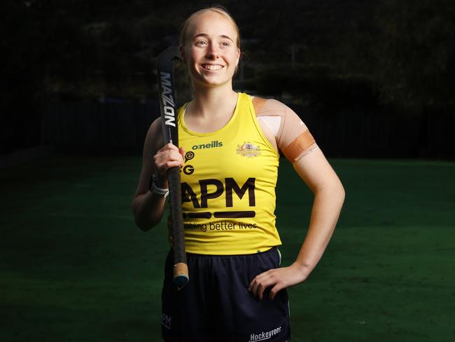 ****NO ONLINE TILL AFTER TEAM ANNOUNCEMENT ON 1/7/24****Maddi Brooks at home in Hobart.  Tasmanian Maddi Brooks 19 has been named in the Paris 2024 Olympic women's hockey team.  Picture: Nikki Davis-Jones