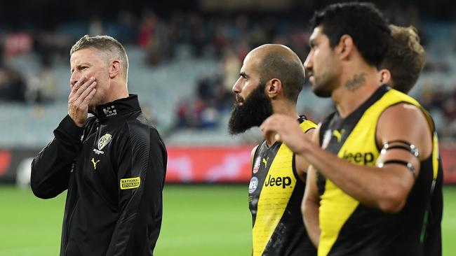 Tigers coach Damien Hardwick has been frustrated by his side’s lack of discipline in regards to giving away free kicks. Picture: Quinn Rooney/Getty Images