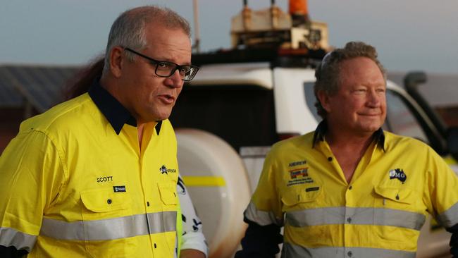 Scott Morrison and Andrew Forrest at the Christmas Creek mine site in the PIlbara last month. Picture: Justin Benson-Cooper