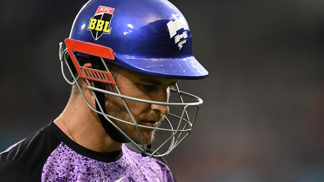 HOBART, AUSTRALIA – DECEMBER 28: Sam Hain of the Hurricanes leaves the field after being dismissed during the BBL match between Hobart Hurricanes and Melbourne Stars at Blundstone Arena, on December 28, 2023, in Hobart, Australia. (Photo by Steve Bell/Getty Images)