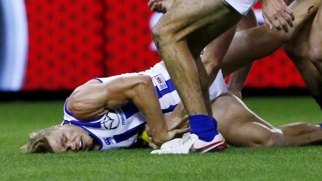 Unable to brace himself, Wood landed on his head. Picture: Colleen Petch.