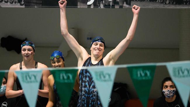 University of Pennsylvania swimmer Lia Thomas (centre), a prominent trans athlete. (Photo by Kathryn Riley / GETTY IMAGES NORTH AMERICA / AFP)