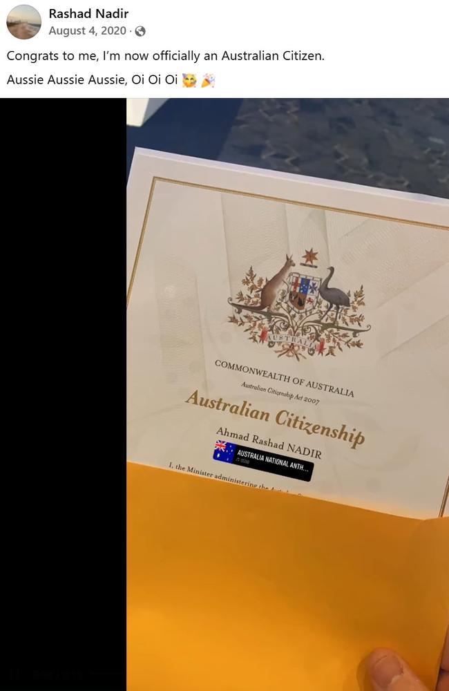 Ahmad “Rashad” Nadir was granted Australian citizenship in 2020. Picture: Facebook