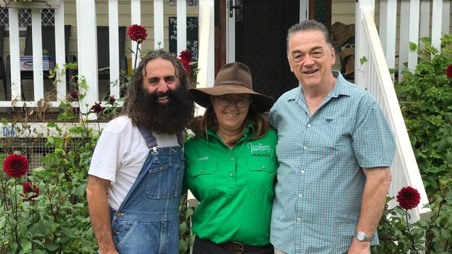 Gardening Australia's Costa Georgiadis with Louise Noble from the Mulberry Project and David Barton from Mercy Community.