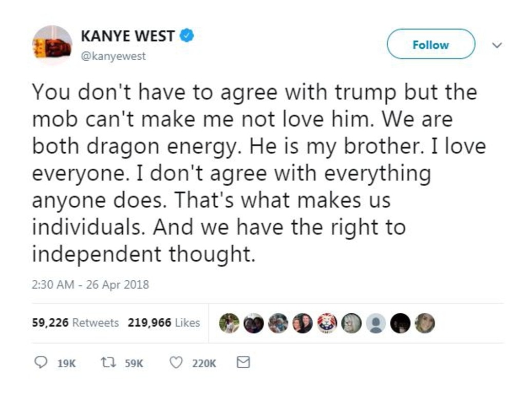 Kanye West tweets about President Donald Trump. He lost several million followers in the wake of this post.