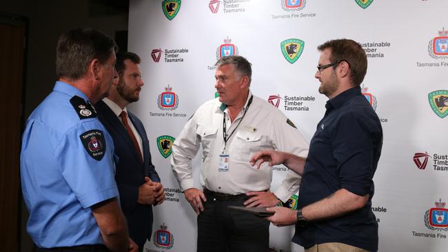 TFS deputy chief officer Matt Lowe, Minister for Police, Fire and Emergency Management Felix Ellis, Tasmania Parks and Wildlife Service Southern regional manager Ashley Rushton and Bureau of meteorology senior meteorologist Luke Johnstone February 5 2025. Picture: Elise Kaine