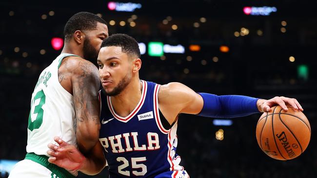 Philadelphia’s Ben Simmons produced a stunning opening day performance — but couldn’t prevent a blowout loss to Boston. Picture: Getty