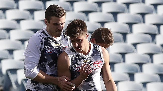 Paul Seedsman and Riley Knight at Crows training last week. Picture Sarah Reed