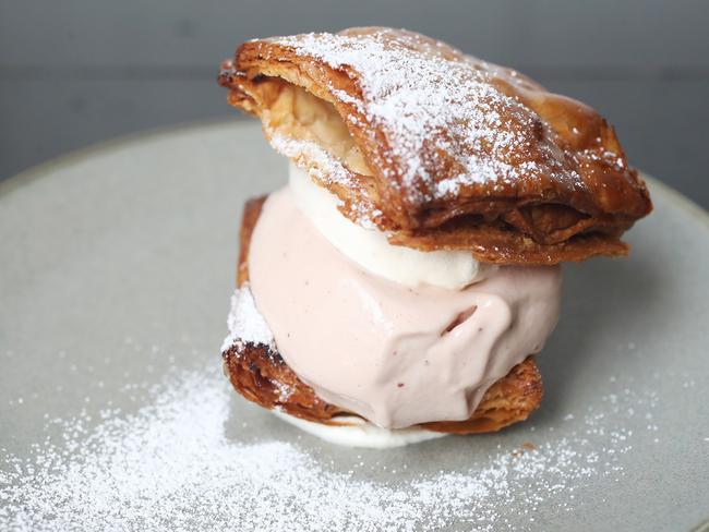 Franklin’s strawberry ice-cream sandwich features churned in-house ice-cream and local strawberries sandwiched between crisp, golden sheets of puff pastry. Picture: NIKKI DAVIS-JONES