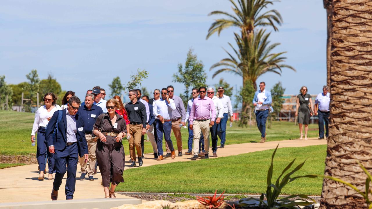 Guests stroll through the landscaped parks dotted with palm trees and winding around the lake at the official opening of Riverlea Estate. Picture: Russell Millard