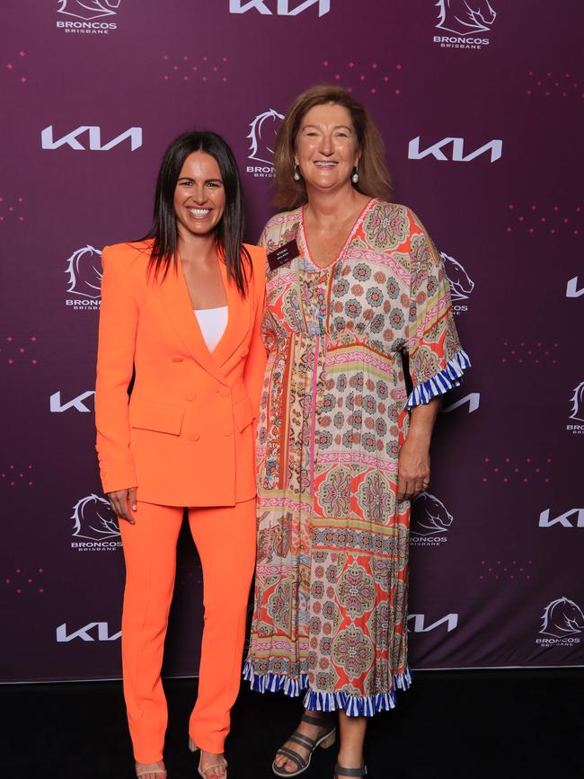 Dannika Mason and Vickie Wilson at the Brisbane Broncos’ season launch at Water’s Edge, Hamilton. Picture: David Clark
