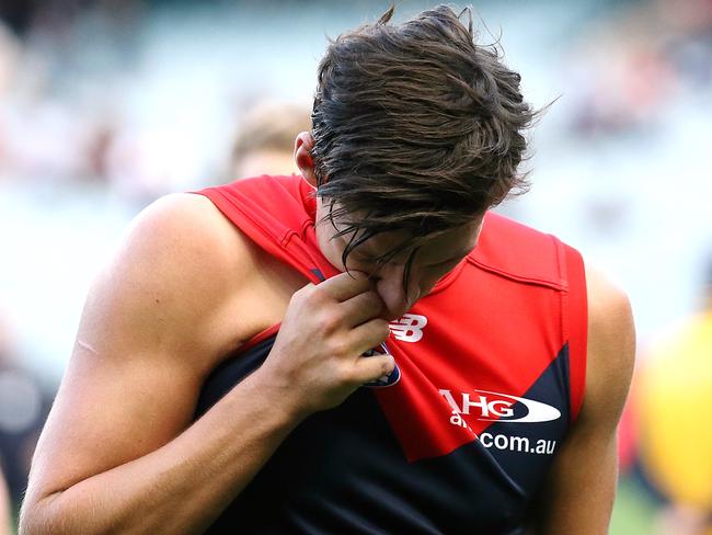 Sam Weideman walks off the ground after Melbourne’s loss. Picture: Wayne Ludbey