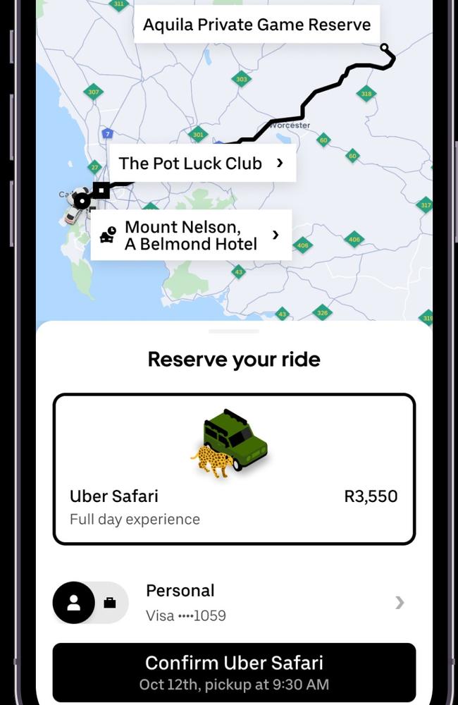 Uber Safari is available from October 2 to January 25. It will run on Fridays and Saturdays and cost a $290 flat fee, and can accommodate up to four guests.