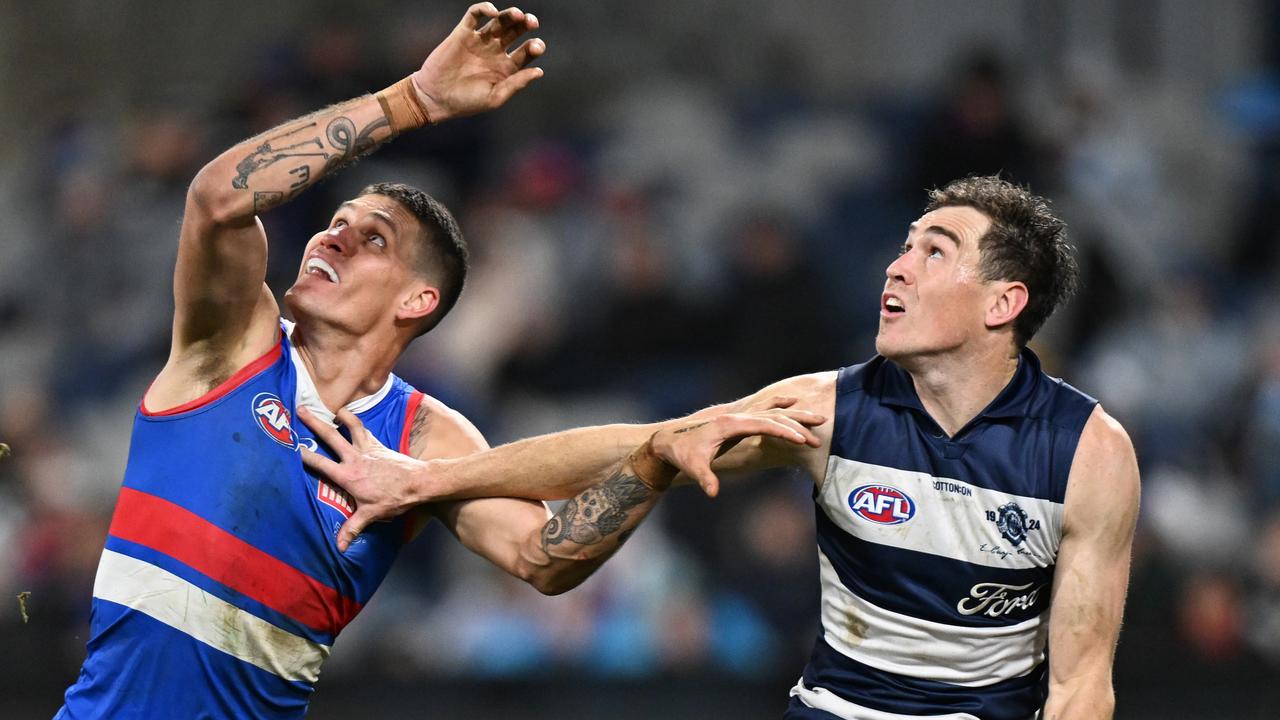 Geelong star Jeremy Cameron says his former GWS teammate Rory Lobb ‘led him to the ball’ too often in the Cats’ loss to the Bulldogs on Saturday night. Picture: Daniel Pockett / Getty Images