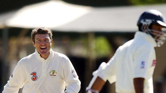 Stuart MacGill celebrates one of his seven wickets for the match. Picture: AAP Image/Dean Lewins