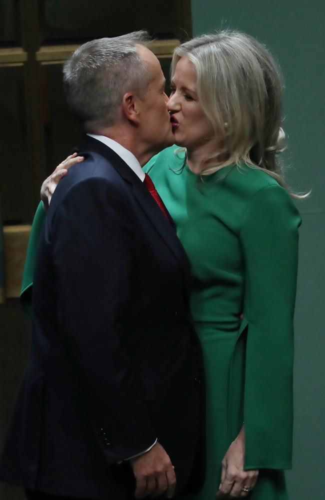 Mr Shorten and his wife Chloe shared a kiss. Picture: Gary Ramage