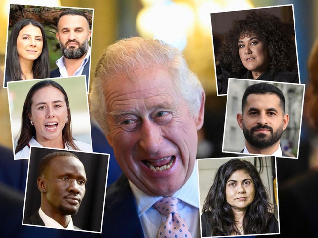 Among those joining King Charles for lunch will be Leila and Danny and Leila Abdallah, top left;   Noemie Fox, middle ledt; Deng Adut, bottom left; Casey Donovan, top right; Dr Daniel Nour, middle right and Professor Veena Sahajwalla, bottom right. Pictures: News Corp/Supplied