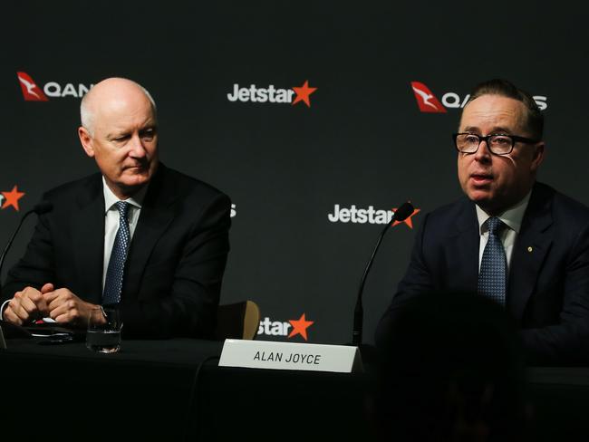 SYDNEY, AUSTRALIA - Newswire Photos -MAY 02 2023:  Qantas Group Chairman Richard Goyder and CEO Alan Joyce  address the media on the CEO succession plan announced today during a press conference at Qantas HQ in Sydney. Picture: NCA Newswire / Gaye Gerard