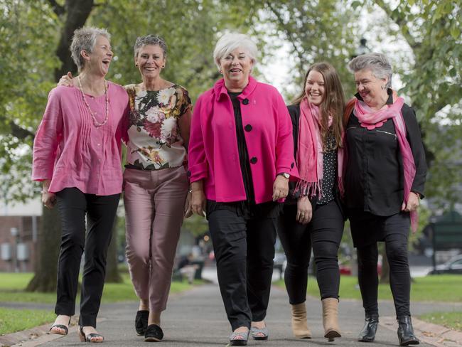 Breast cancer campaigners   Carolyn Allison, Lynne Williams, Lyn Swinburne, Jessica Albrecht (who lost her mother to breast cancer) and Marita O’Keefe. Picture: Jason Edwards