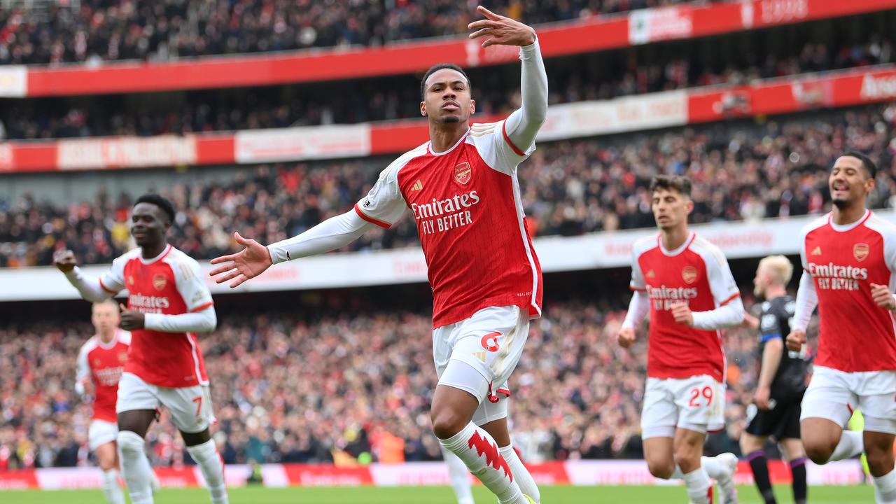 LONDON, ENGLAND - JANUARY 20: Gabriel of Arsenal celebrates scoring his team's first goal during the Premier League match between Arsenal FC and Crystal Palace at Emirates Stadium on January 20, 2024 in London, England. (Photo by Justin Setterfield/Getty Images)