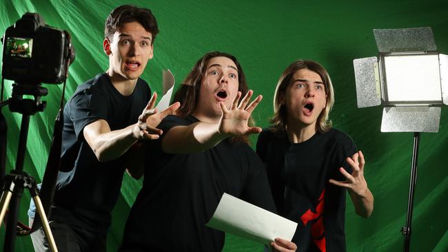 Aspiring actors Zander Gulline, 17, Clear Mountain; Jett Robson, 16, Carseldine; and Harry Cruice, 16, Samford, rehearse at the Australian Acting Academy, Paddington. Picture: Liam Kidston