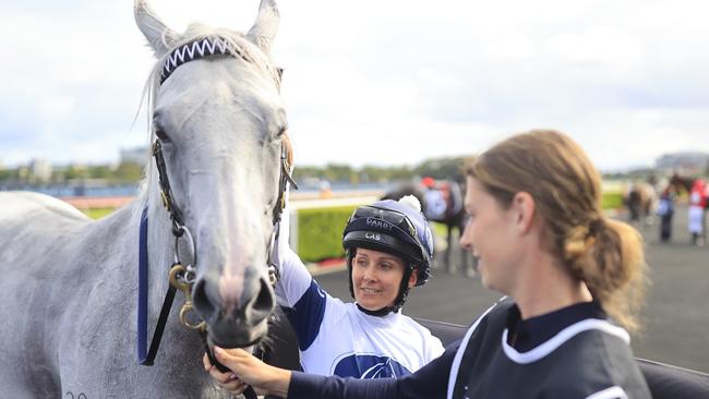 Rachel King and Greysful Glamour return to scale after winning the Agency Villiers Stakes. Picture: Mark Evans/Getty