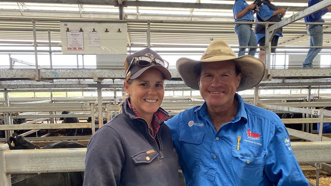 Fiona Gordan and Matt Holz, both from Burrumbuttock, NSW, bought Angus steers, 390kg, for $1610 or 413c/kg at the Wodonga sale.