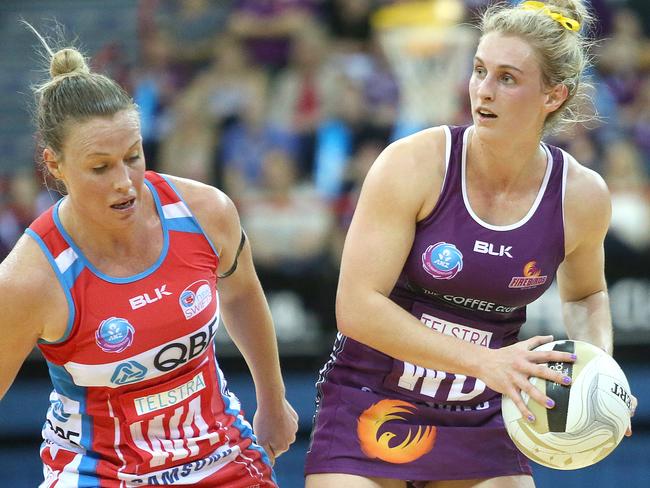 Australian Conference Final - Qld Firebirds v NSW Swifts netball. Gabi Simpson, (right) and Kimberlee Green. Pic Jono Searle.