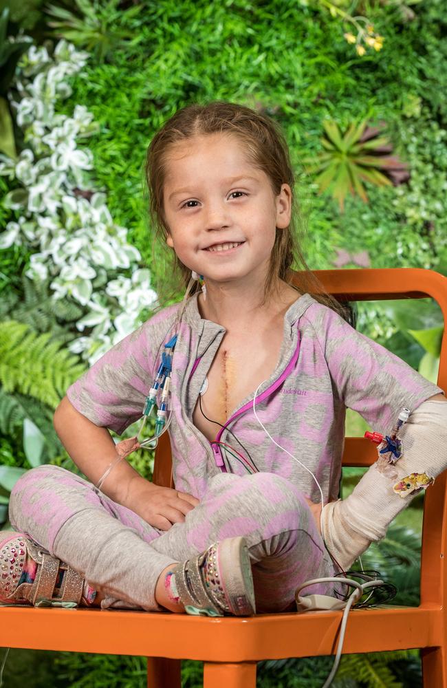 Scarlett Dickson, 4, recovers after her fourth open heart surgery. Picture: Jake Nowakowski