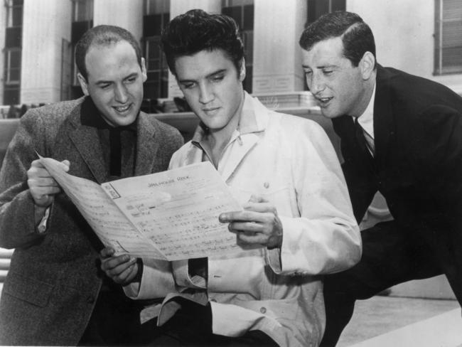 songwriters Jerry Leiber and Mike Stoller with Elvis Presley in 1957.