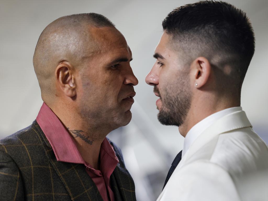 Anthony Mundine (left) and Michael Zerafa exchange words ahead of their March 13 fight. Picture: Jonathan DiMaggio/Getty Images