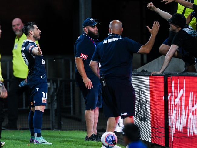 Bruno Fornaroli (left) celebrates in front of Victory fans after scoring at Coopers Stadium. Picture: Mark Brake/Getty Images