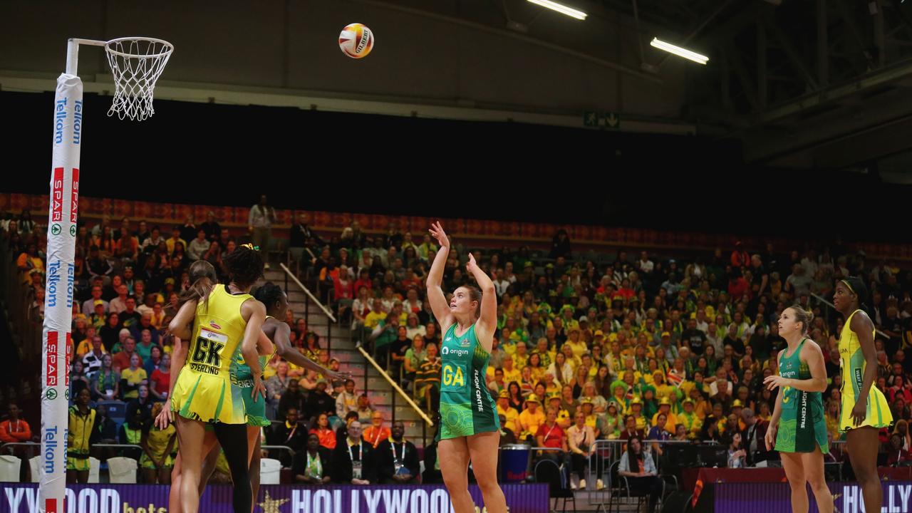Steph Wood lands a big goal against Jamaica. Picture: Shaun Roy