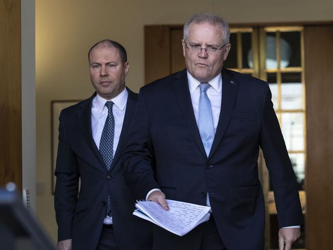 Treasurer Josh Frydenberg and PM Scott Morrison during a press conference at Parliament House in Canberra. Picture: Gary Ramage