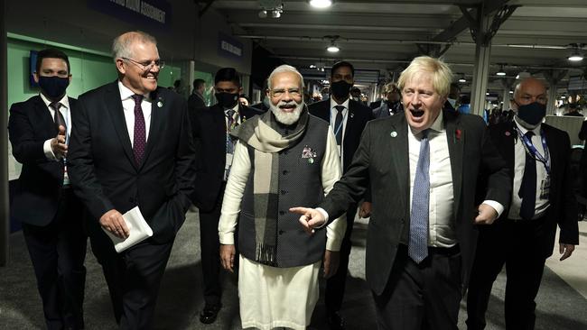 Scott Morrison, Indian Prime Minister Narendra Modi and British PM Boris Johnson at the COP 26 Climate summit in Glasgow on November 2.