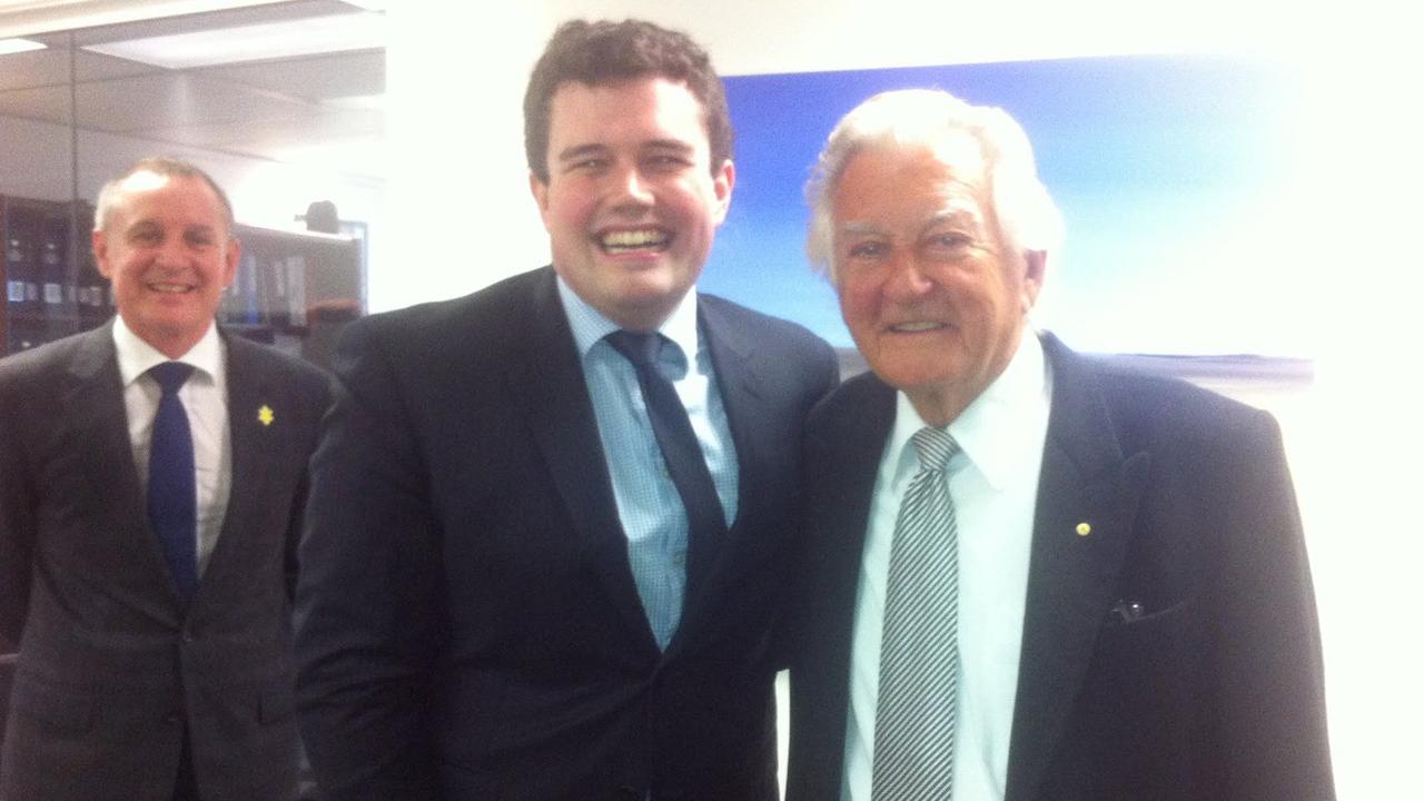 2004 graduate Aaron Hill with former premier Jay Weatherill and former prime minister Bob Hawke. Picture: Supplied