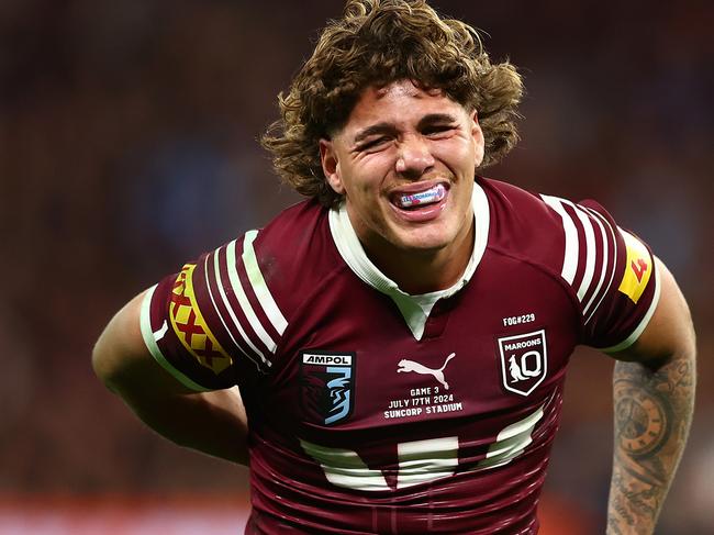 BRISBANE, AUSTRALIA - JULY 17:  Reece Walsh of the Maroons reacts after an injury during game three of the 2024 Men's State of Origin series between Queensland Maroons and New South Wales Blues at Suncorp Stadium on July 17, 2024 in Brisbane, Australia. (Photo by Chris Hyde/Getty Images)