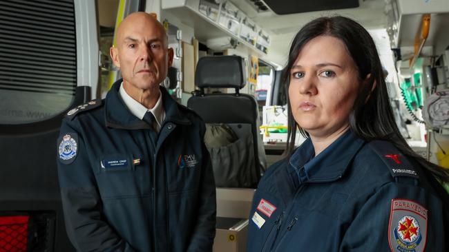 Victoria’s emergency management commissioner Andrew Crisp with paramedic Chloe Brennan whose brother, Mitchell, became an organ donor after he died in 2010. Picture: Ian Currie