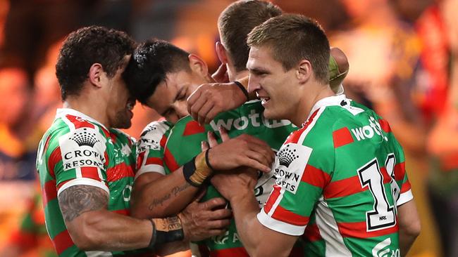 Jaxson Paulo of the Rabbitohs celebrates after scoring a try during the NRL Semi Final match between the Parramatta Eels and the South Sydney Rabbitohs at Bankwest Stadium.