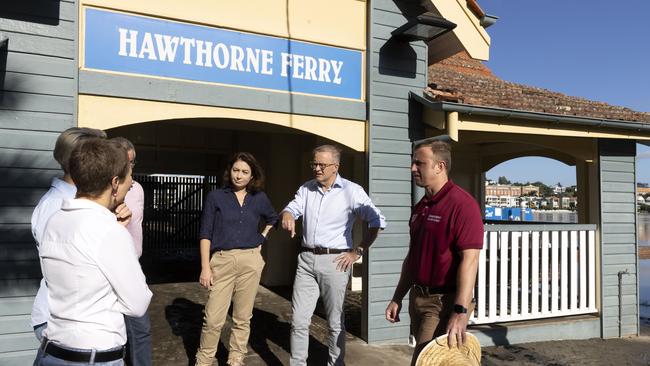 MP Di Farmer MP, Councillor Kara Cook, Labor Senator for Queensland, Murray Watt, Member for Griffith Terri Butler, Leader of the Australian Labor party Anthony Albanese and Queensland Deputy Premier Steven Miles visit the Hawthorne Ferry terminal which was severely impacted by flooding of the Brisbane River. Picture: NCA NewsWire / Sarah Marshall